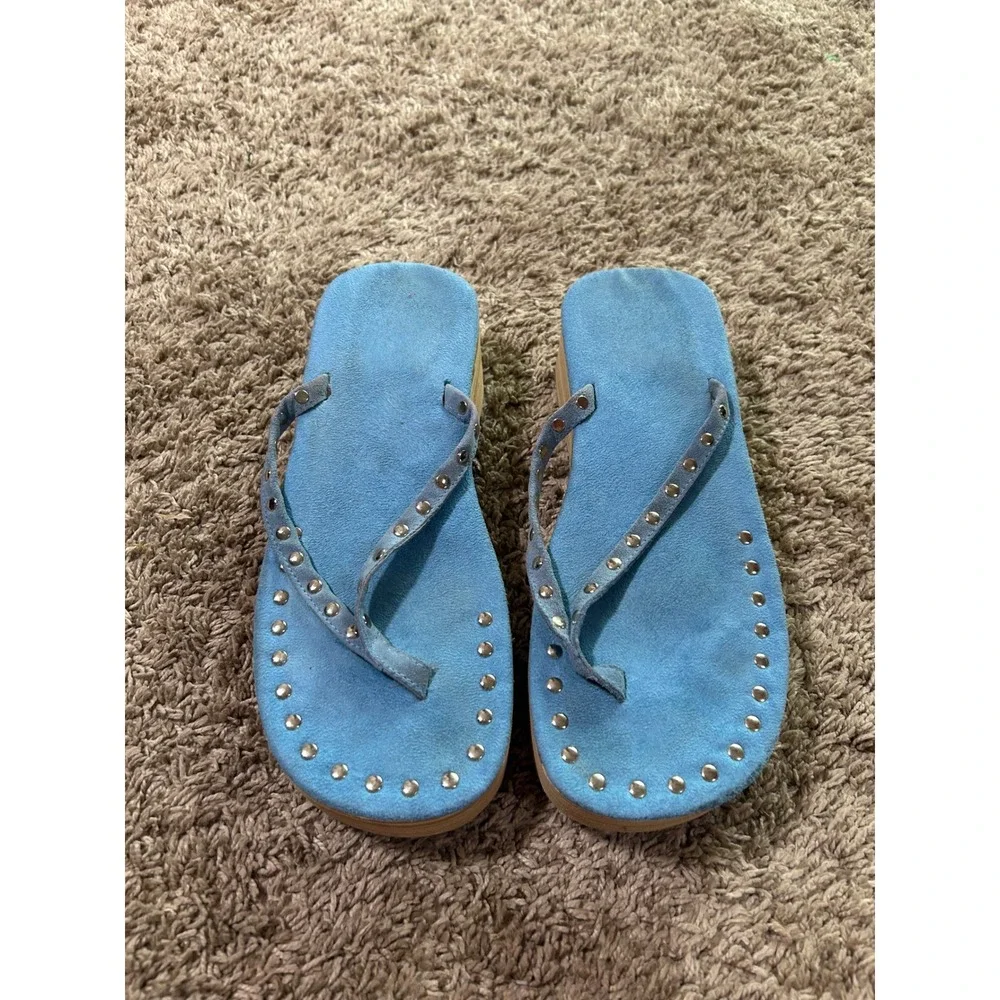 Blue Faux Suede Studded Platform Sandals Wedge Flip Flops Festival Western 8